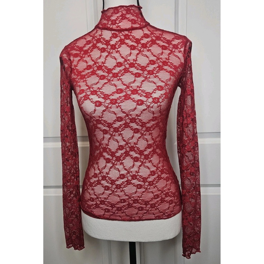 Out From Under Lace Mesh Longsleeve Top Stretch Sheer Size Small Y2k Style Red